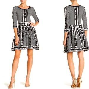 Nina Leonard Black and White Geometric Print Fit & Flare Sweater Dress NWT